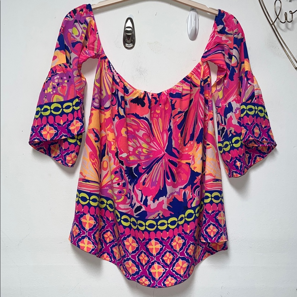 LILLY PULITZER Pink Fusion Sanilla Silk Bombshell Top, Size Medium